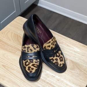 Franco Sarto Black and Leopard Print Leather Loafers